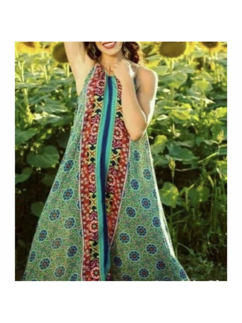 Bohemian Green Patterned Halter Maxi Dress